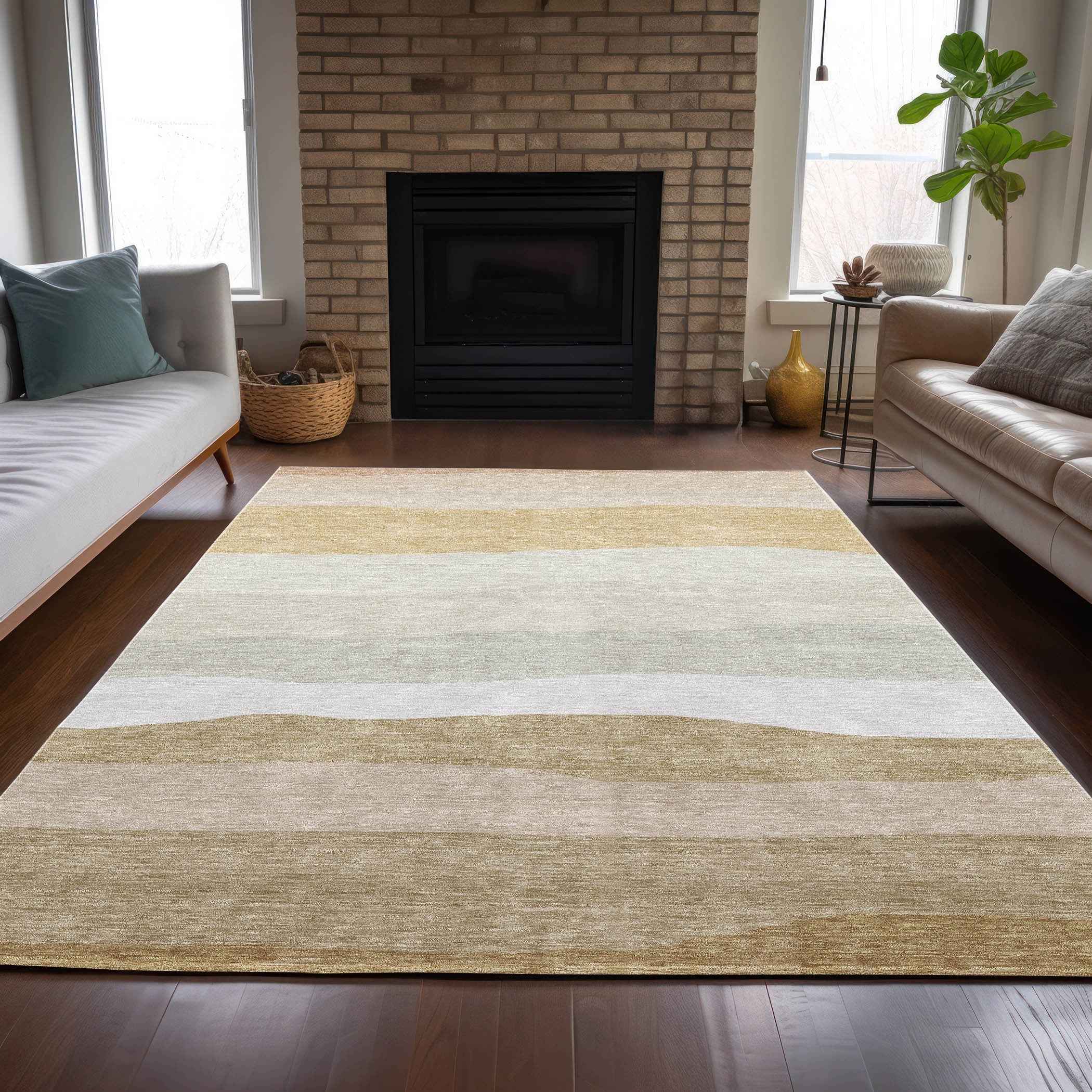 9' X 12' Wheat Gold And Beige Striped Washable Indoor Outdoor Area Rug