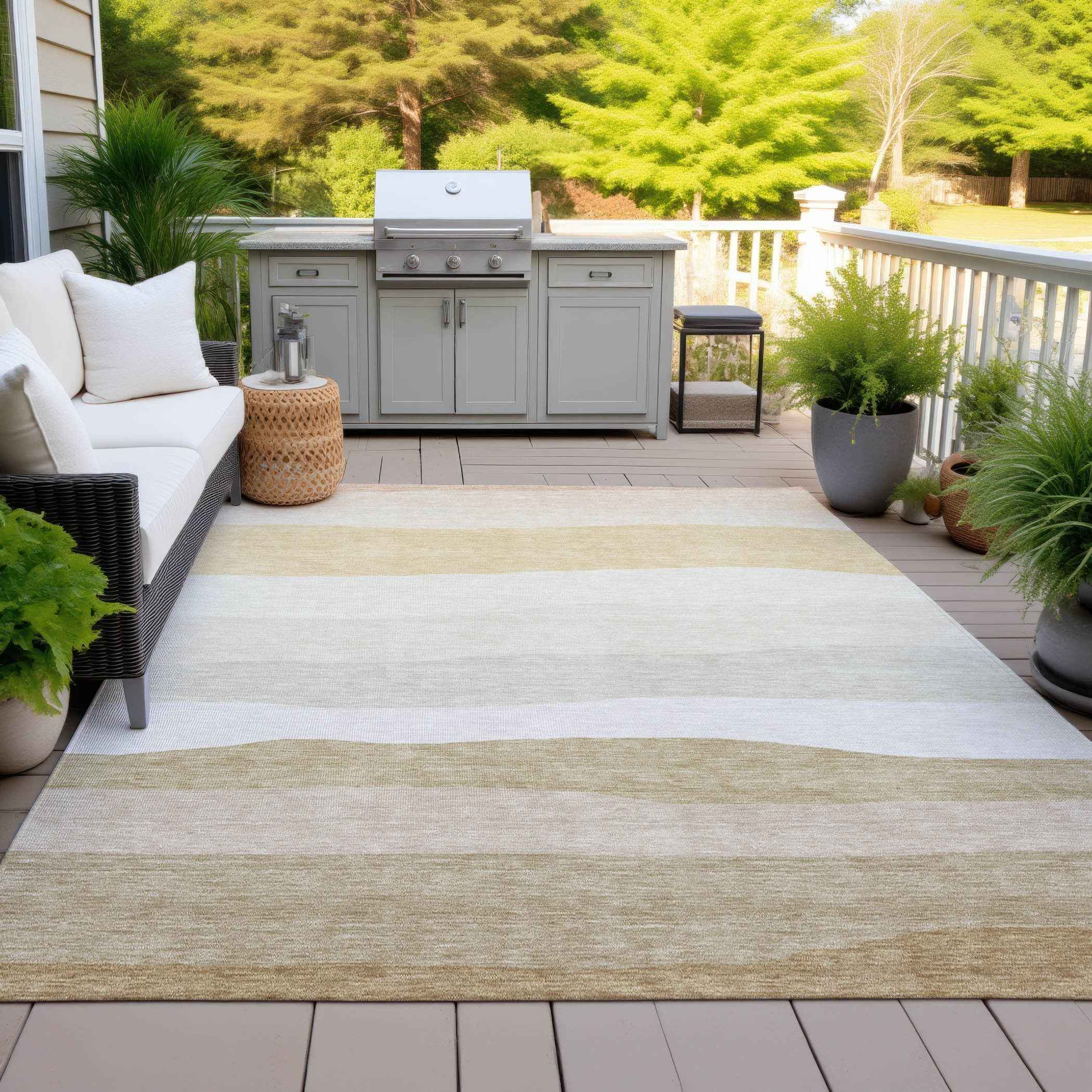 9' X 12' Wheat Gold And Beige Striped Washable Indoor Outdoor Area Rug
