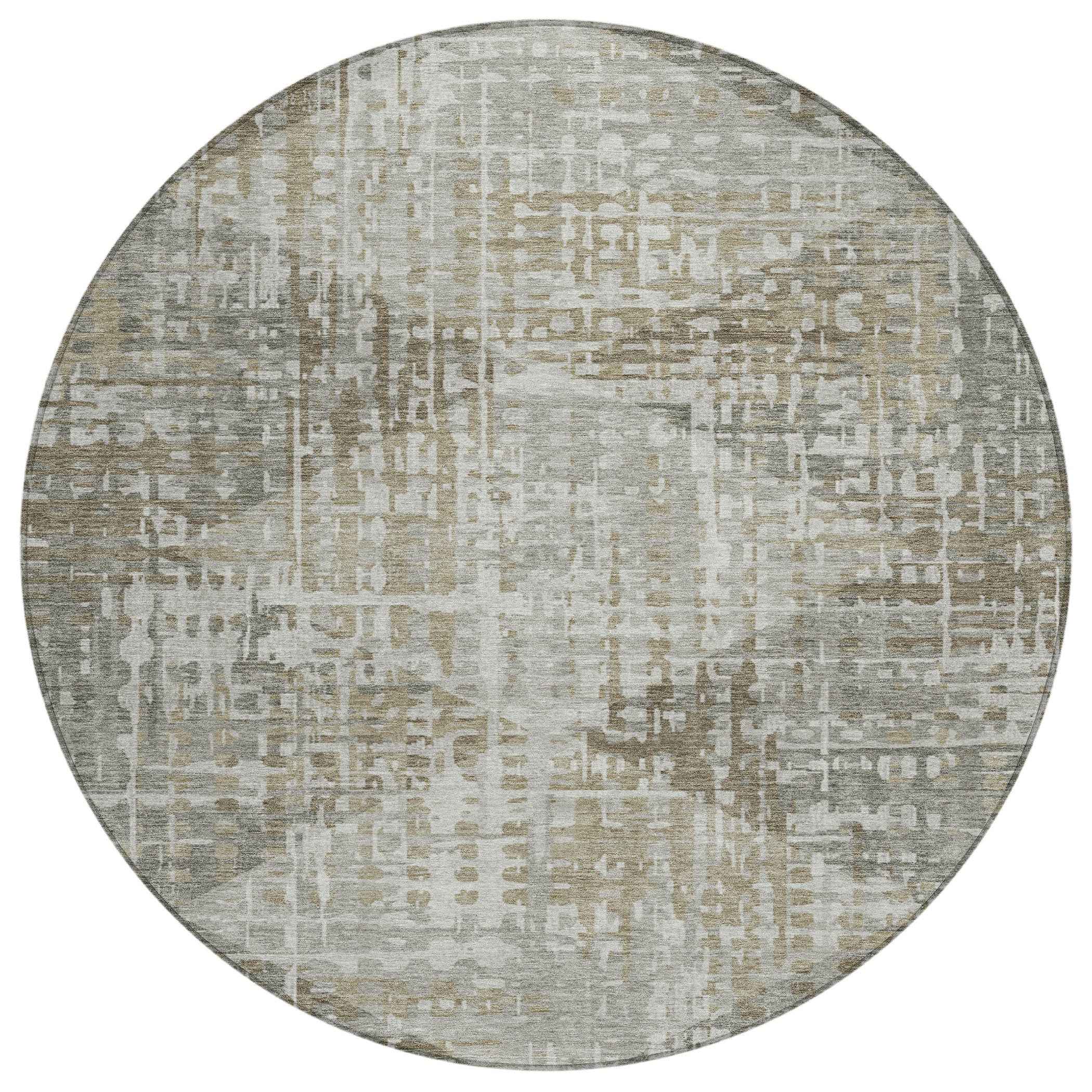 8' Pewter And Beige Round Geometric Washable Indoor Outdoor Area Rug