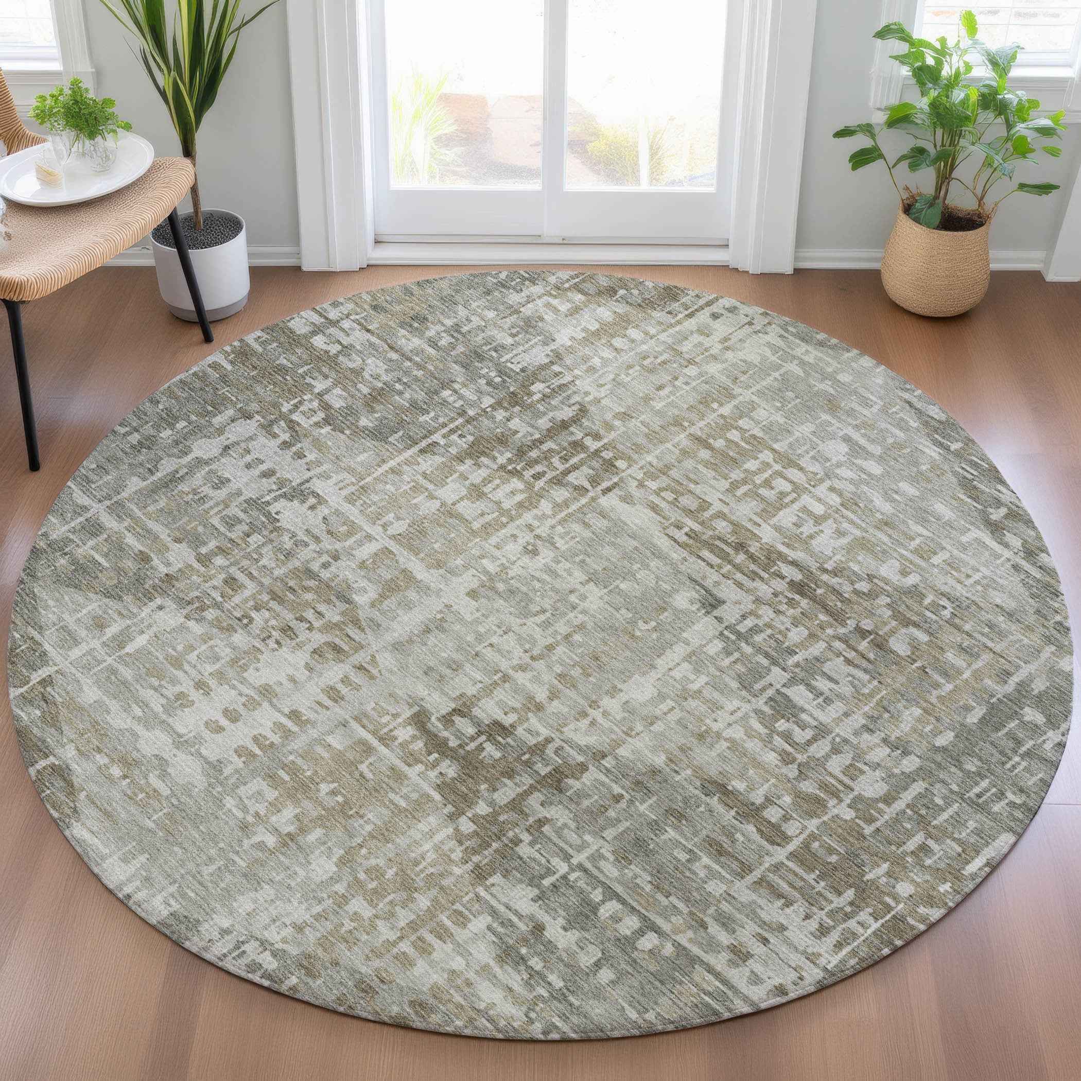 8' Pewter And Beige Round Geometric Washable Indoor Outdoor Area Rug