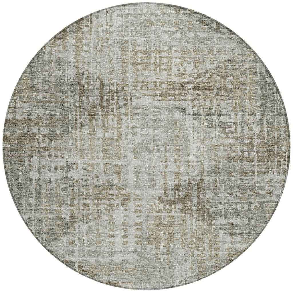 8' Pewter And Beige Round Geometric Washable Indoor Outdoor Area Rug