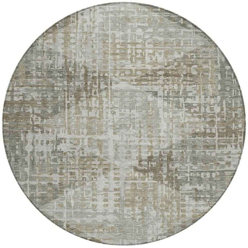 8' Pewter And Beige Round Geometric Washable Indoor Outdoor Area Rug