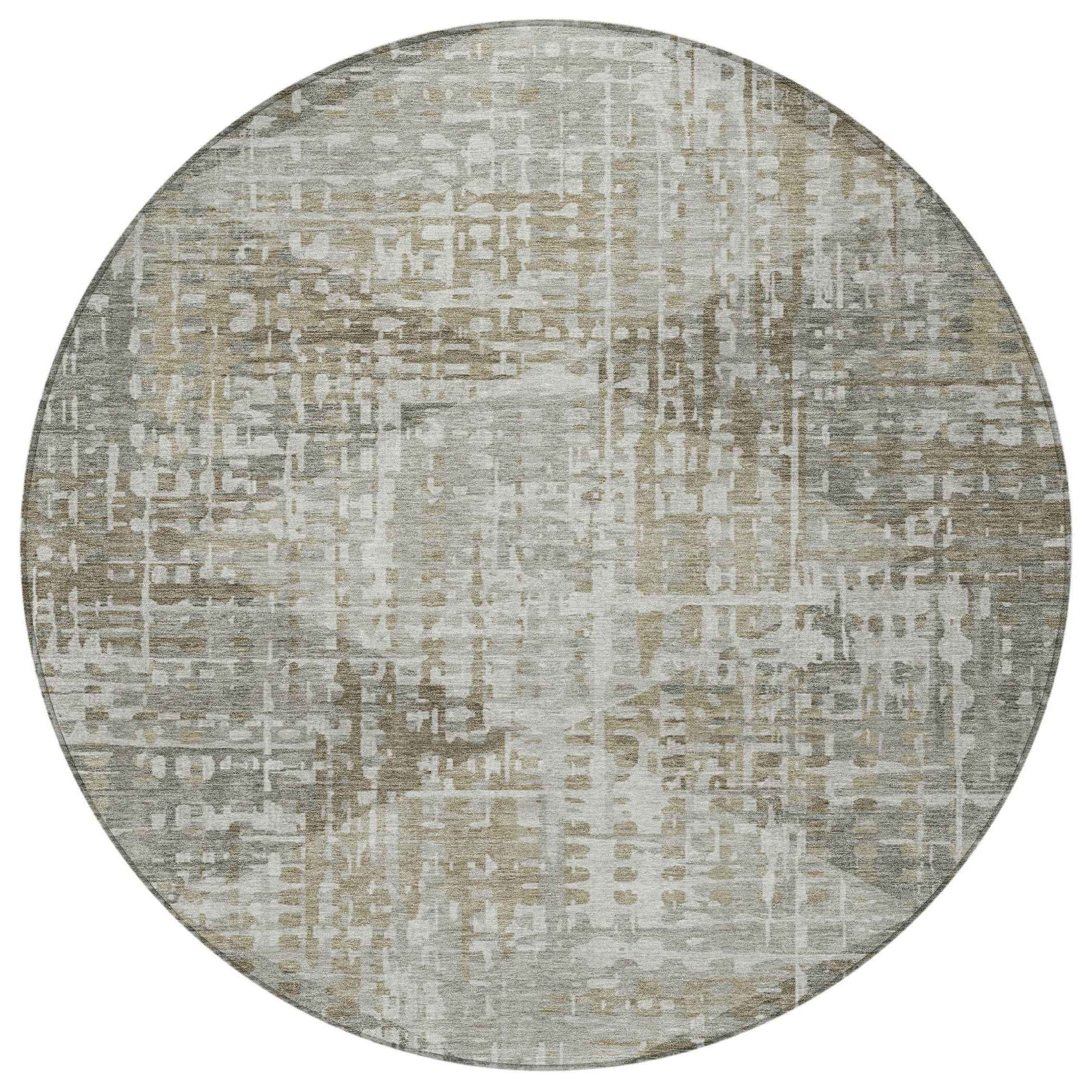 8' Pewter And Beige Round Geometric Washable Indoor Outdoor Area Rug