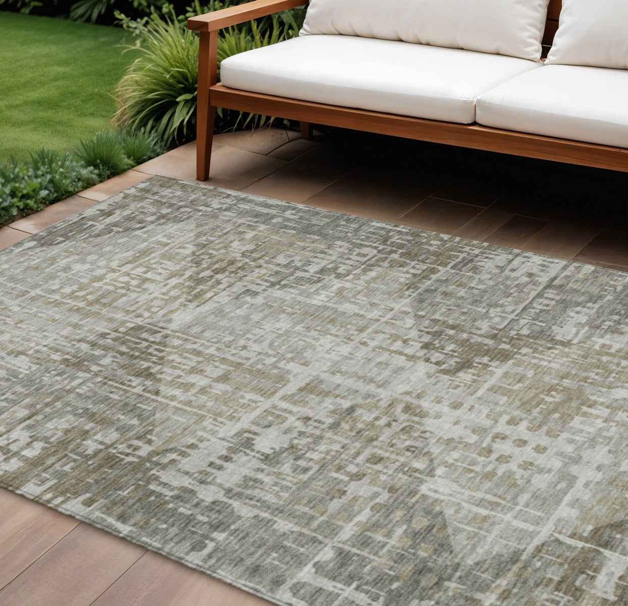 8' X 10' Pewter And Beige Geometric Washable Indoor Outdoor Area Rug