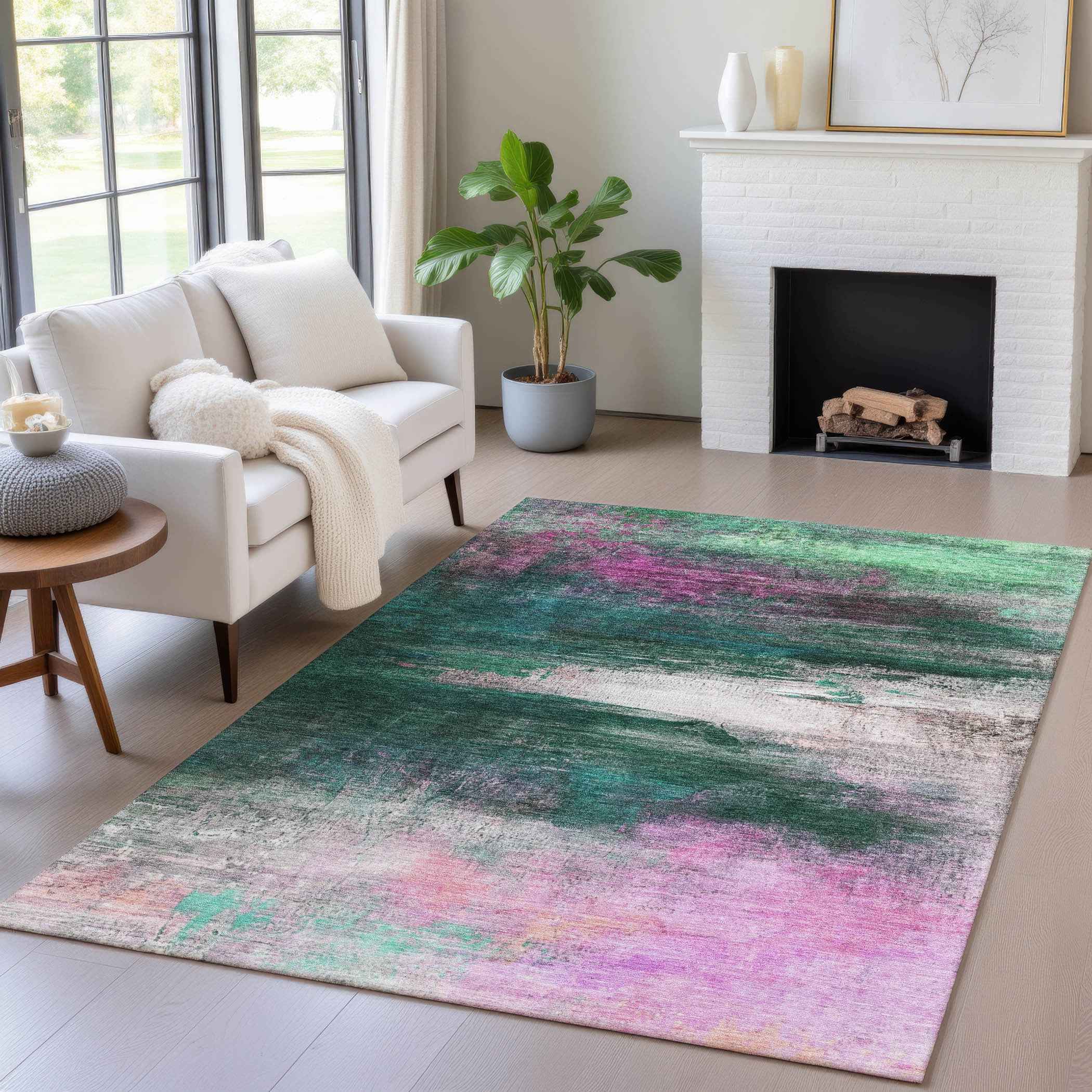 8' X 10' Green Blush And Ivory Abstract Washable Indoor Outdoor Area Rug