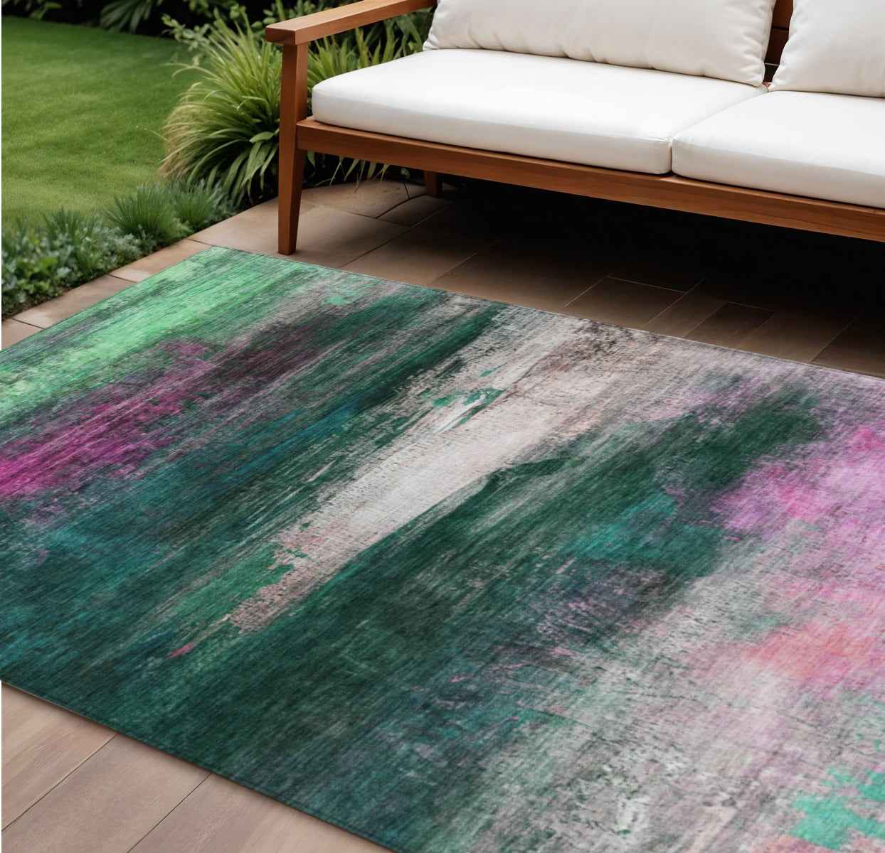 8' X 10' Green Blush And Ivory Abstract Washable Indoor Outdoor Area Rug