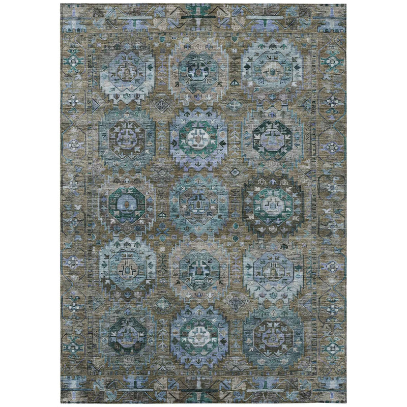 10' X 14' Brown Gray And Teal Blue Medallion Washable Indoor Outdoor Area Rug