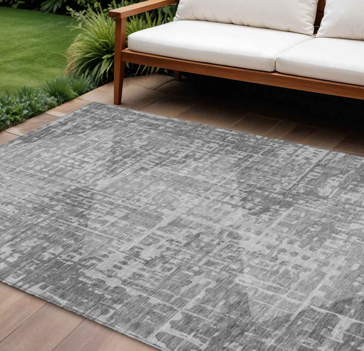 10' X 14' Gray And Silver Geometric Washable Indoor Outdoor Area Rug