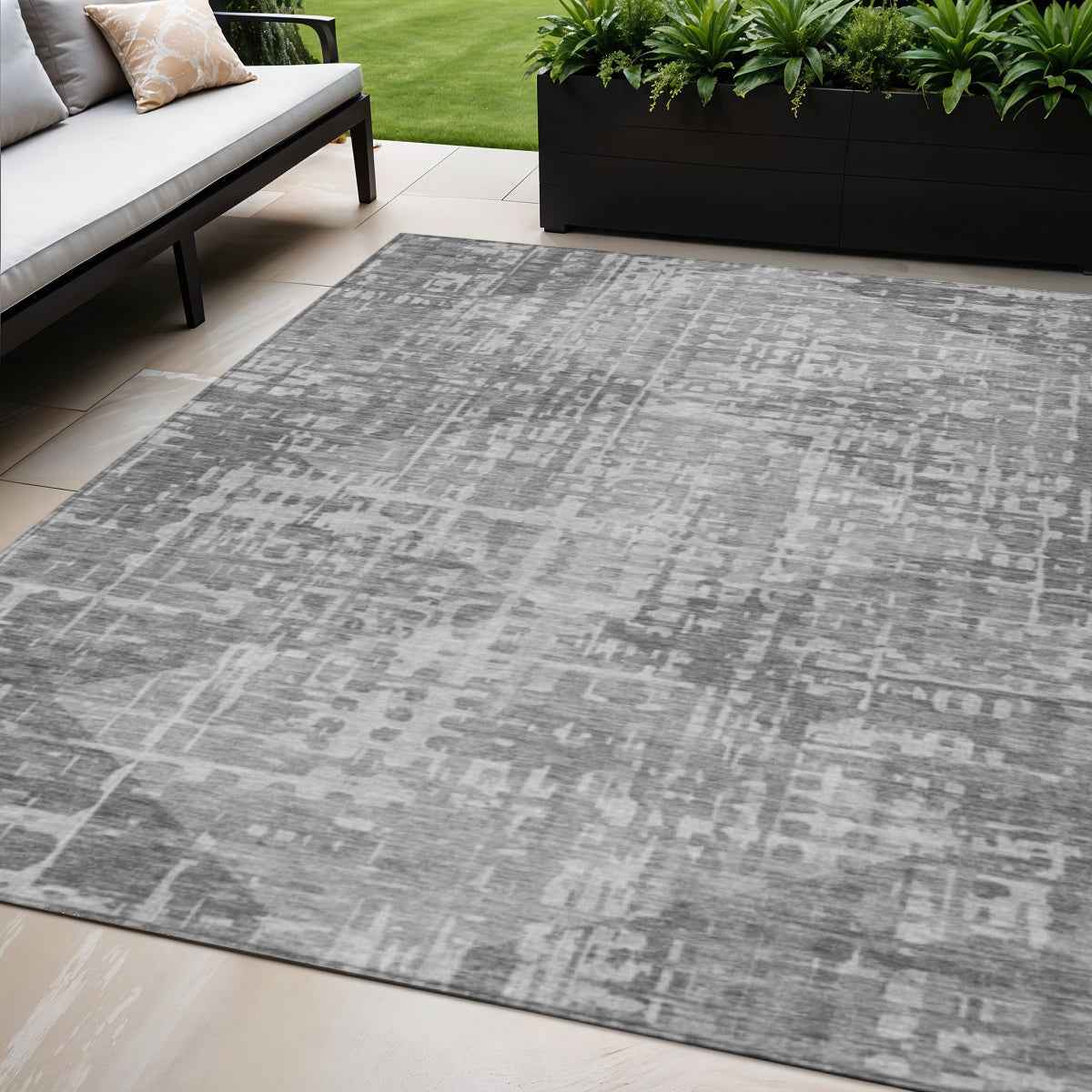 5' X 8' Gray And Silver Geometric Washable Indoor Outdoor Area Rug