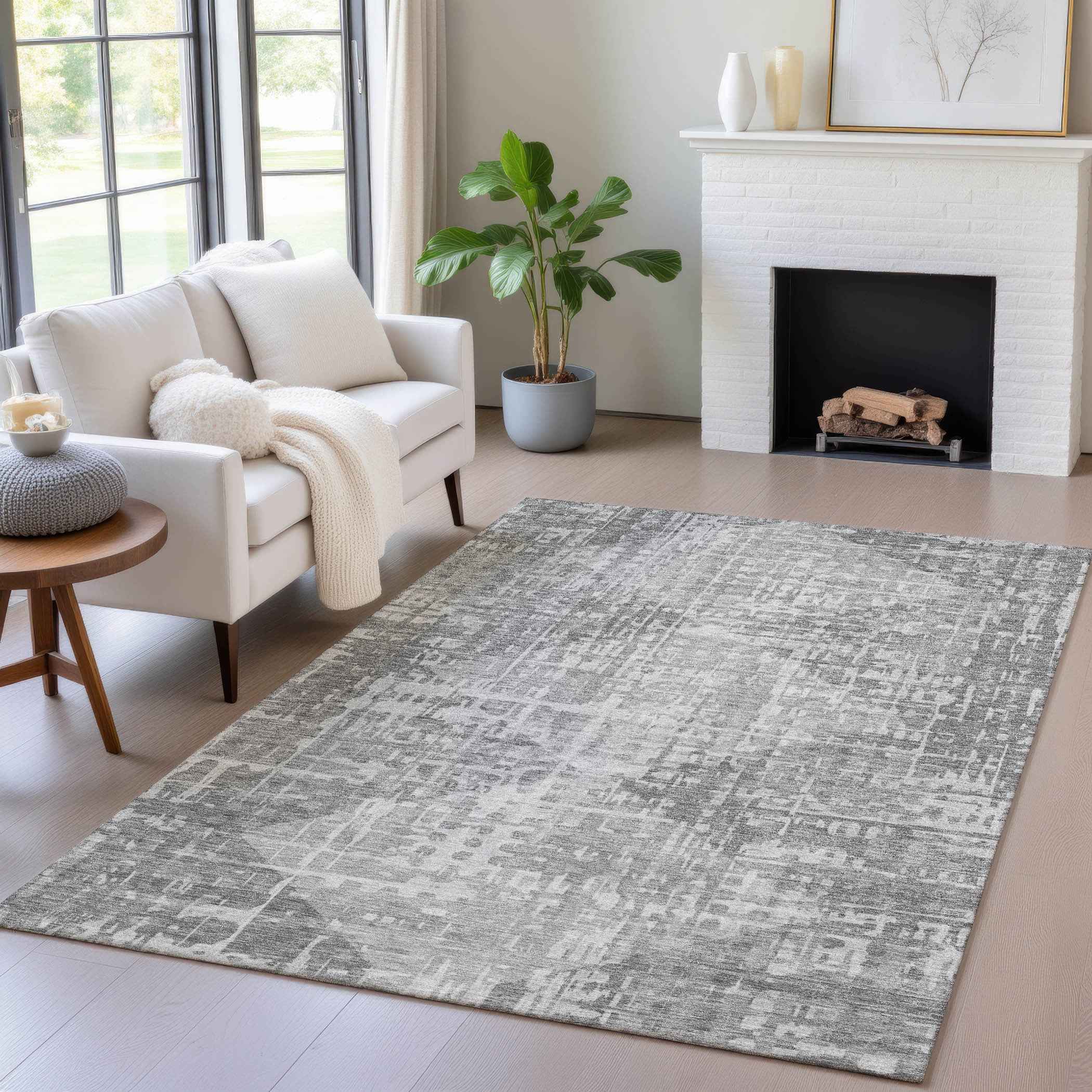 5' X 8' Gray And Silver Geometric Washable Indoor Outdoor Area Rug