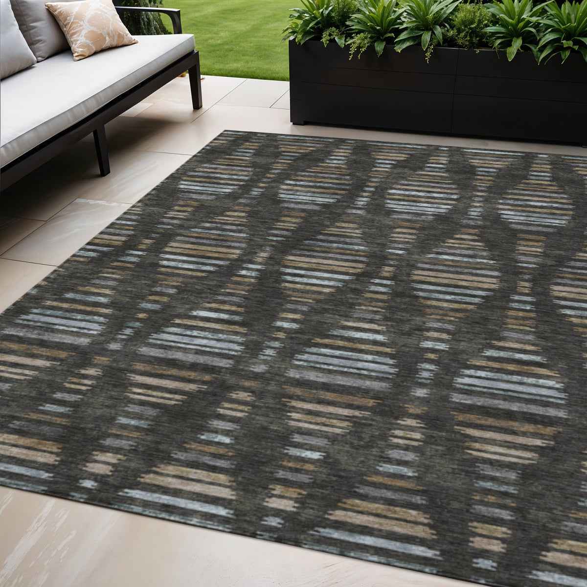 5' X 8' Coffee And Gray Striped Washable Indoor Outdoor Area Rug