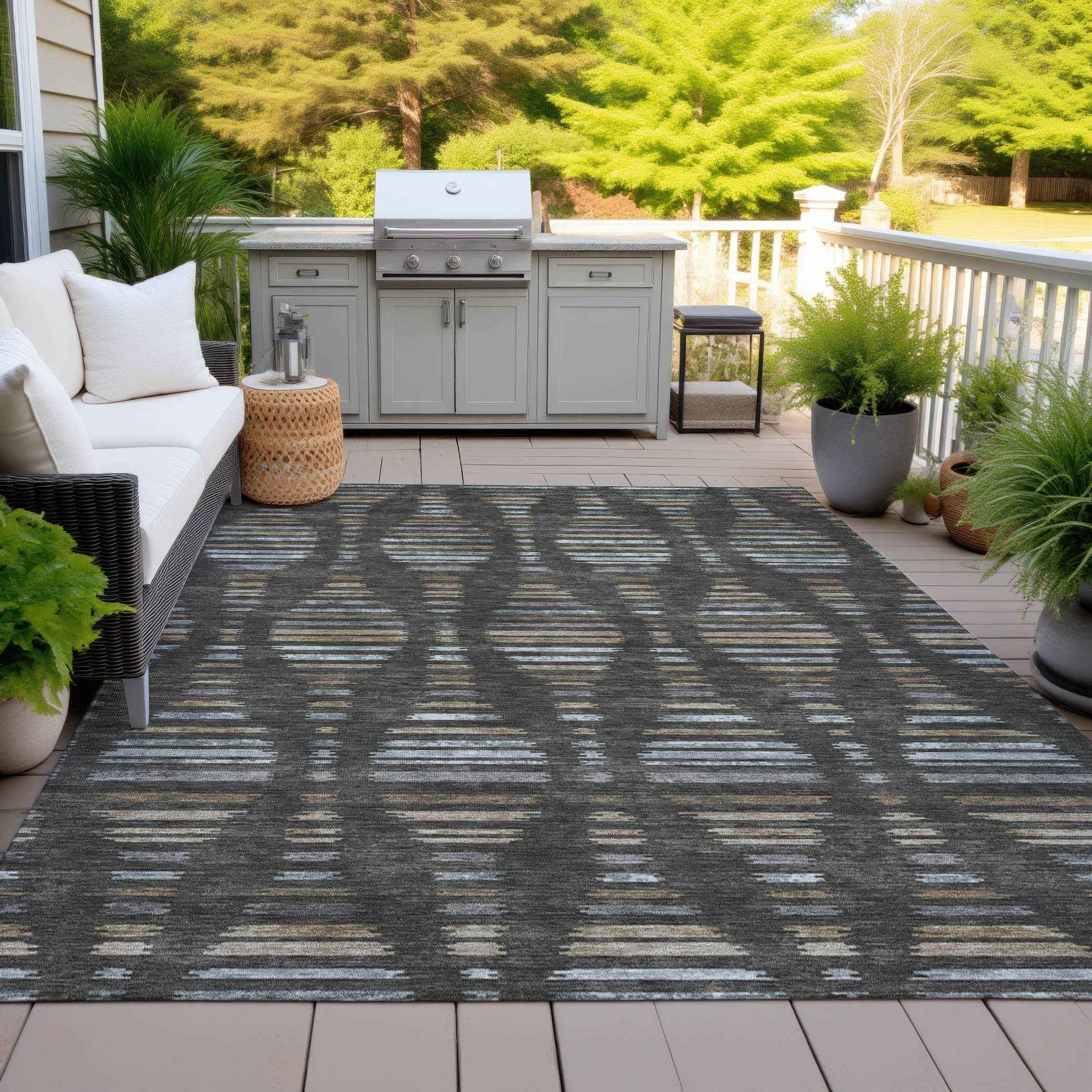 5' X 8' Coffee And Gray Striped Washable Indoor Outdoor Area Rug