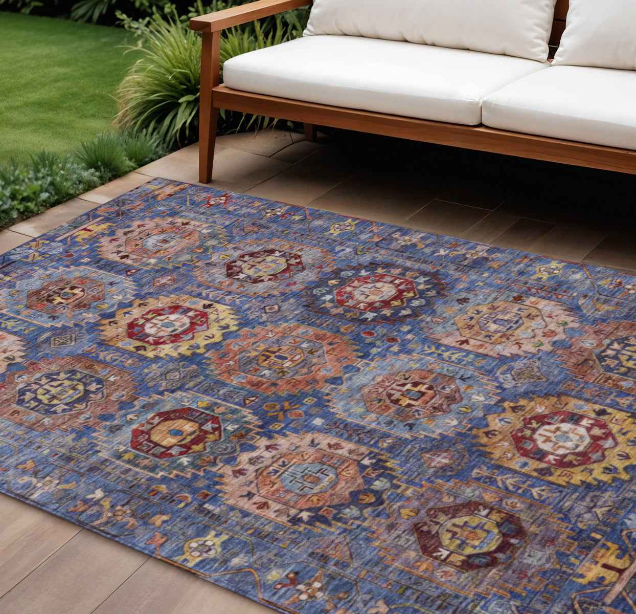 10' X 14' Denim Blue Merlot And Gold Medallion Washable Indoor Outdoor Area Rug