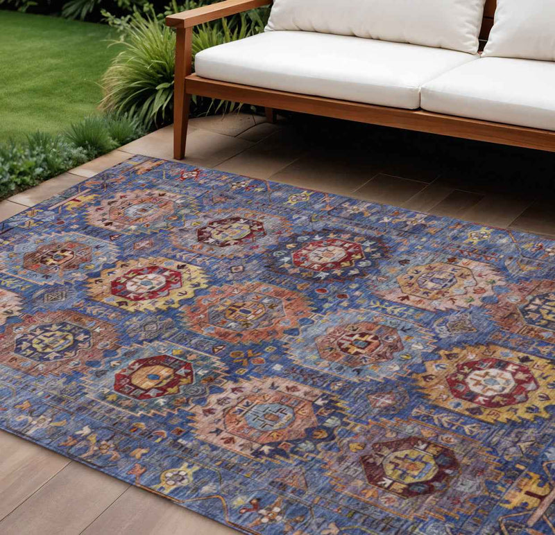 10' X 14' Denim Blue Merlot And Gold Medallion Washable Indoor Outdoor Area Rug