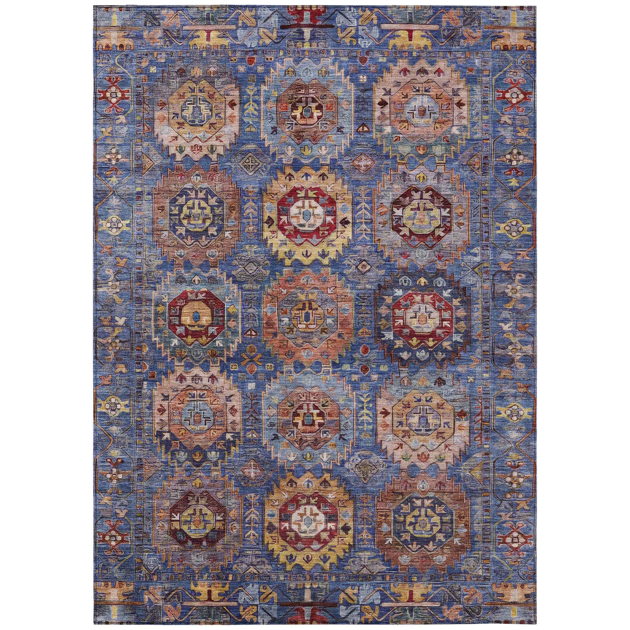 10' X 14' Denim Blue Merlot And Gold Medallion Washable Indoor Outdoor Area Rug