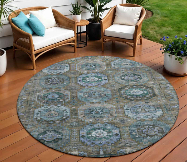 8' Brown Gray And Teal Blue Round Medallion Washable Indoor Outdoor Area Rug