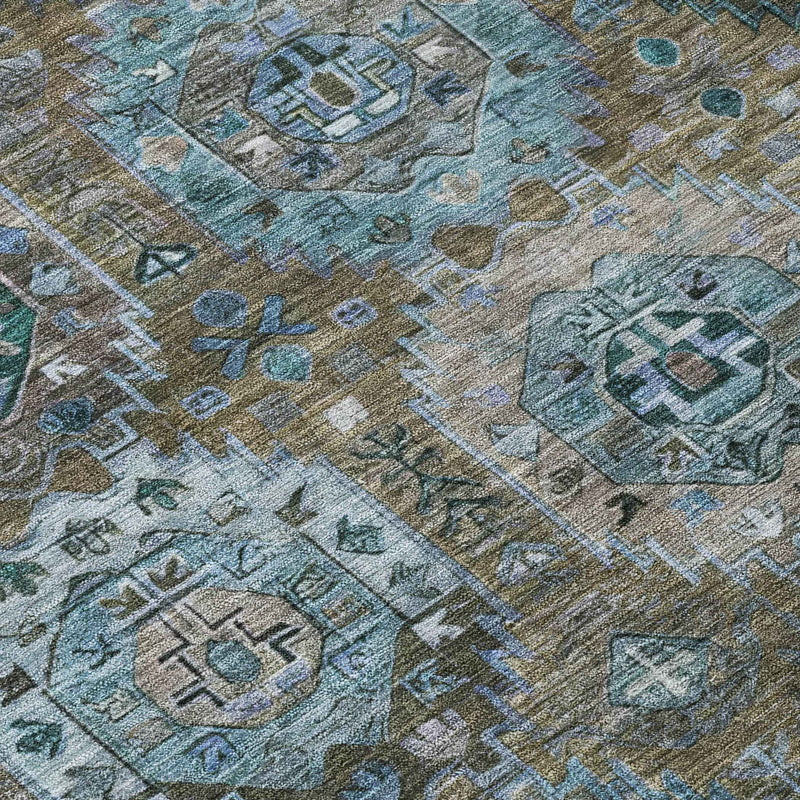 8' Brown Gray And Teal Blue Round Medallion Washable Indoor Outdoor Area Rug