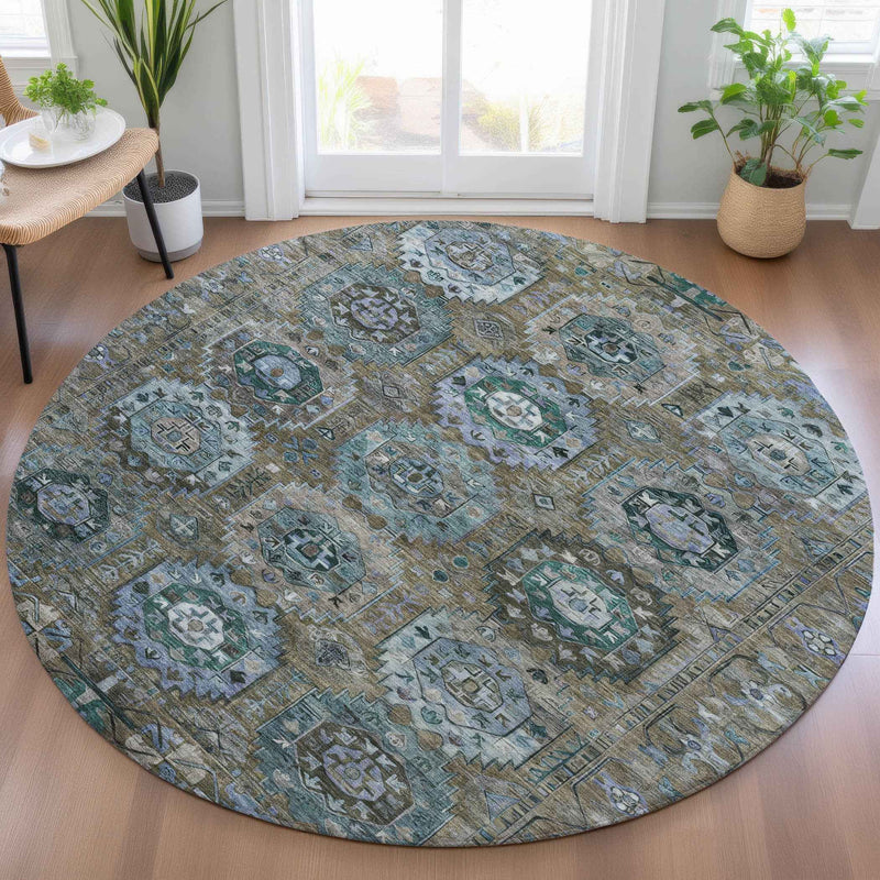 8' Brown Gray And Teal Blue Round Medallion Washable Indoor Outdoor Area Rug