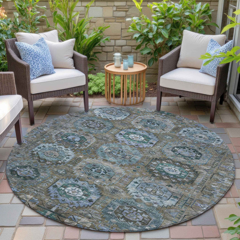 8' Brown Gray And Teal Blue Round Medallion Washable Indoor Outdoor Area Rug