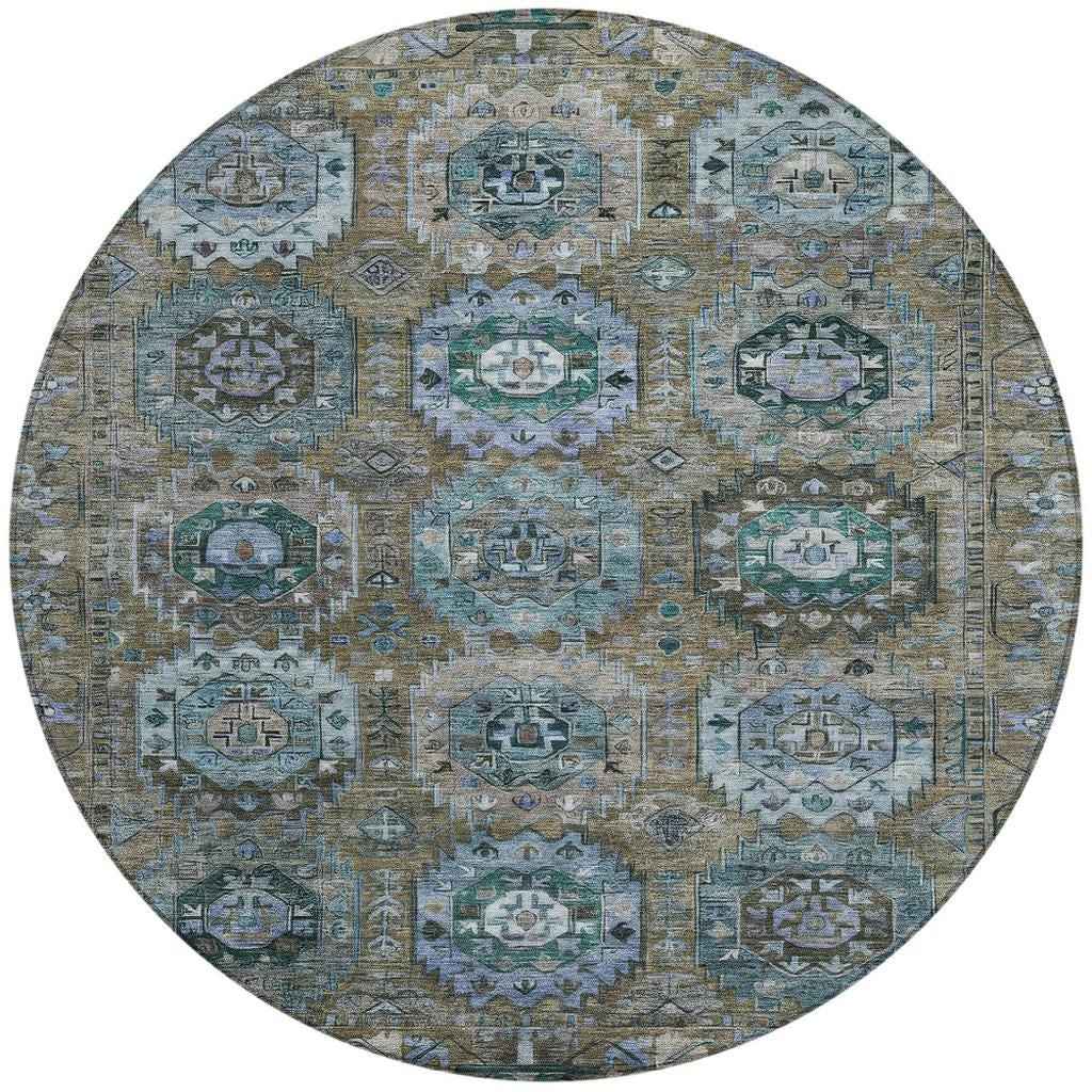 8' Brown Gray And Teal Blue Round Medallion Washable Indoor Outdoor Area Rug