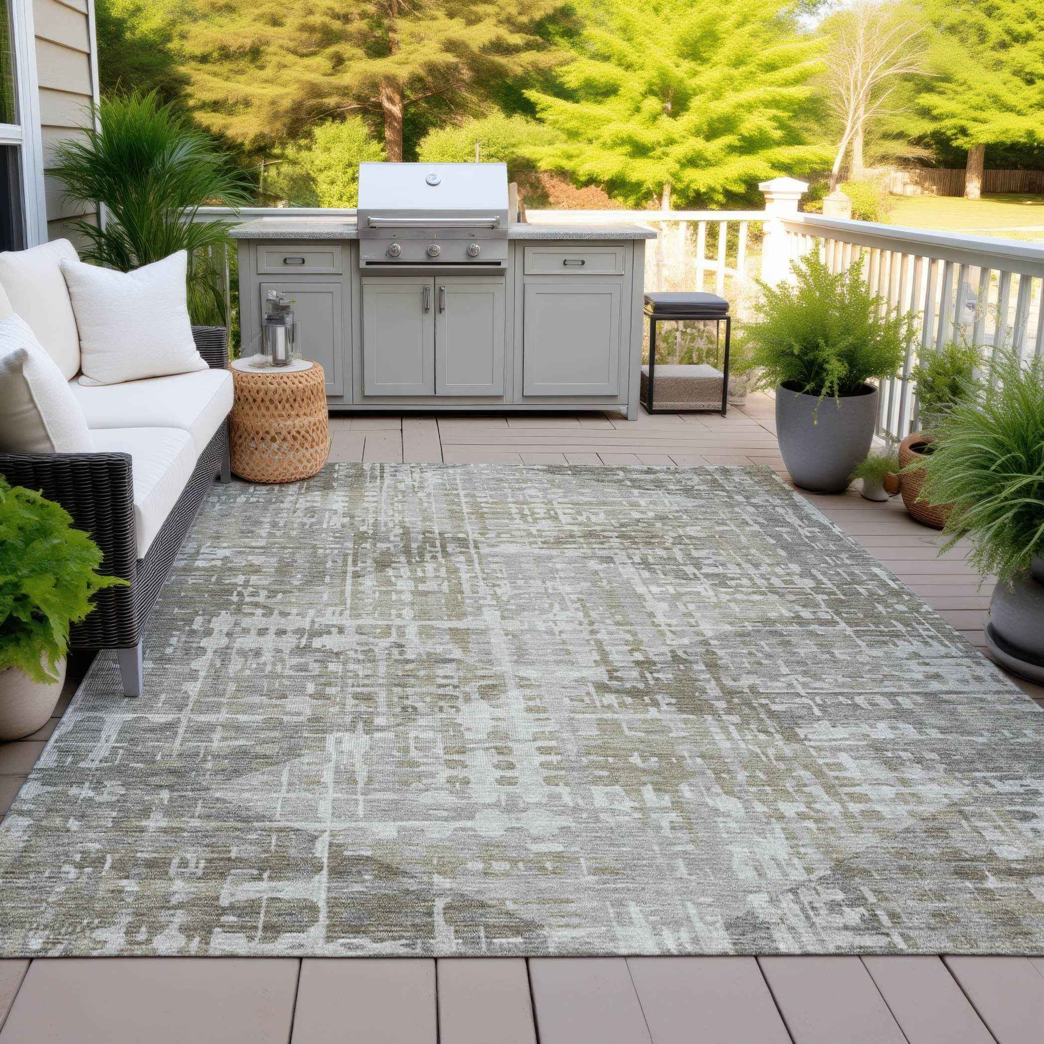 9' X 12' Pewter And Beige Geometric Washable Indoor Outdoor Area Rug