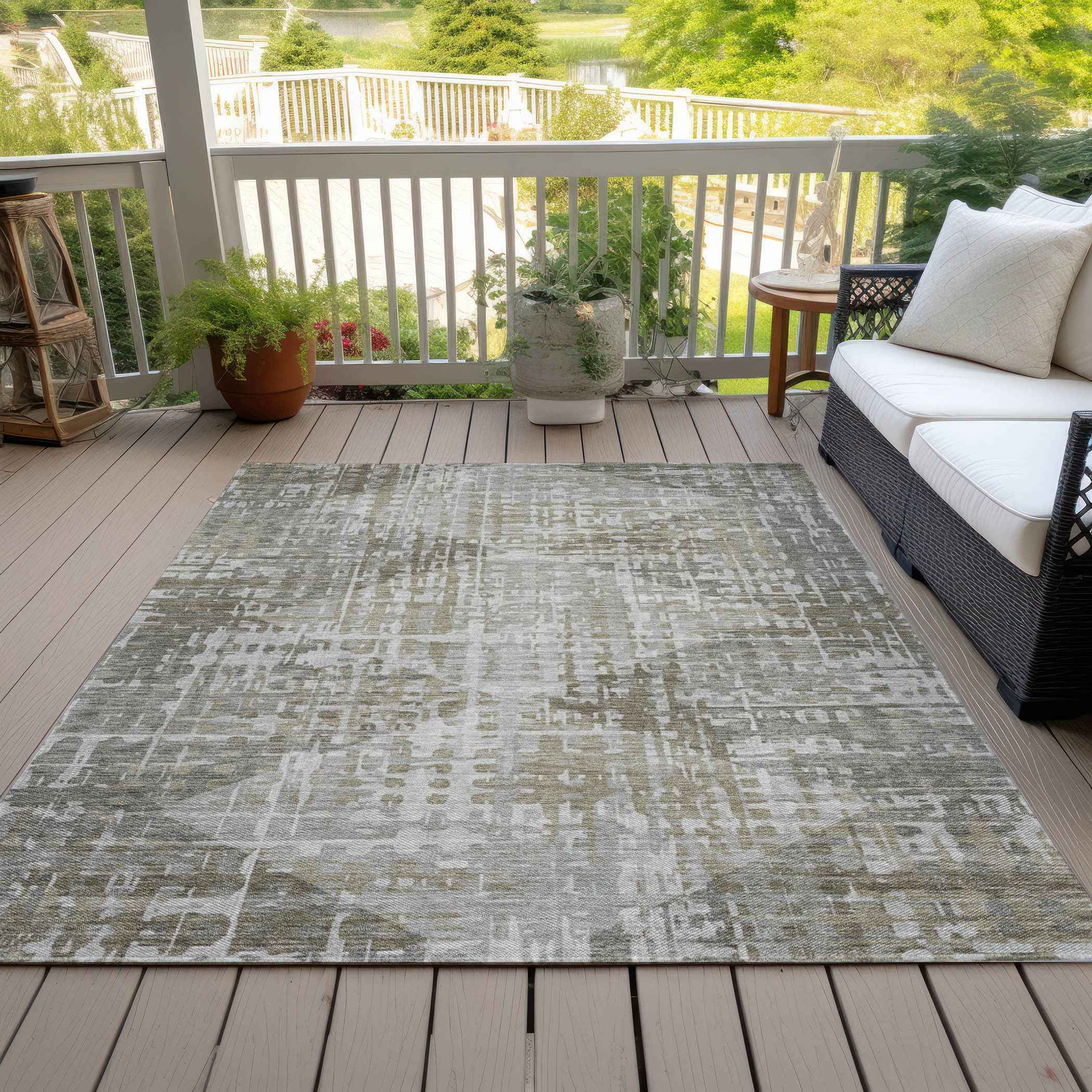9' X 12' Pewter And Beige Geometric Washable Indoor Outdoor Area Rug