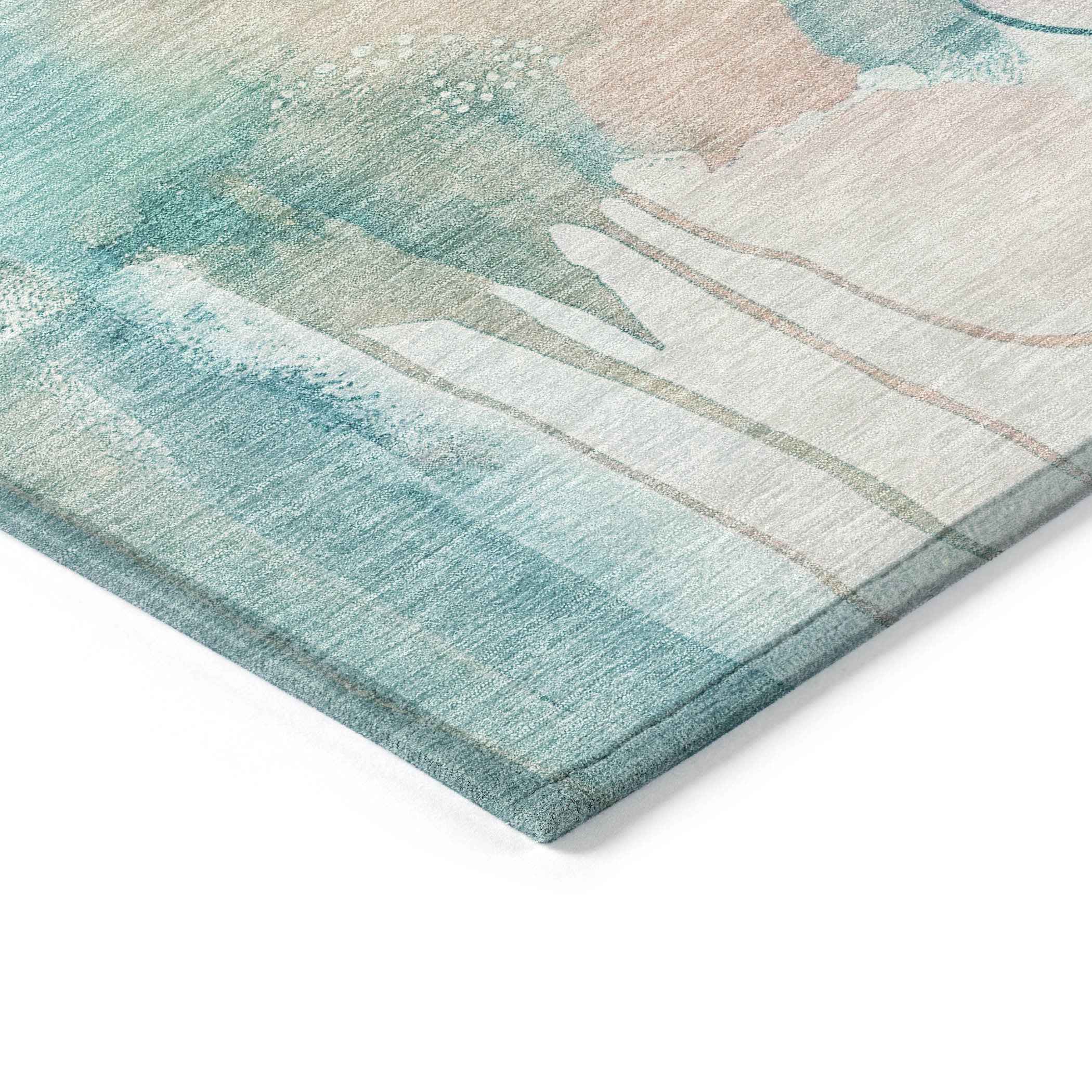 9' X 12' Turquoise Blush And Ivory Abstract Washable Indoor Outdoor Area Rug