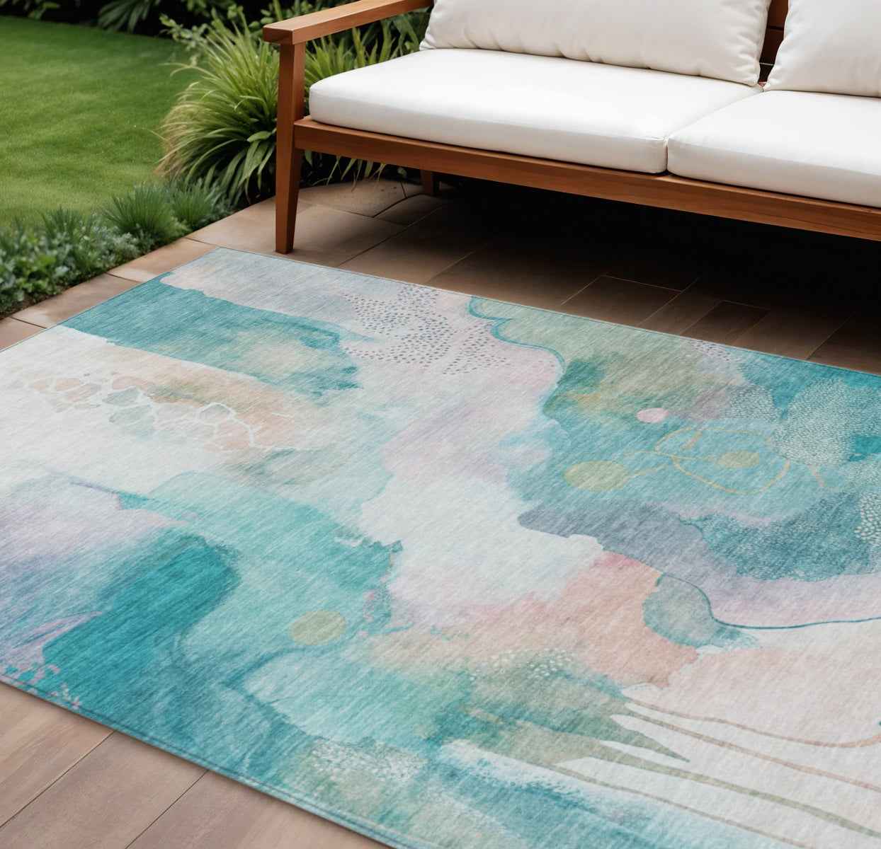 9' X 12' Turquoise Blush And Ivory Abstract Washable Indoor Outdoor Area Rug