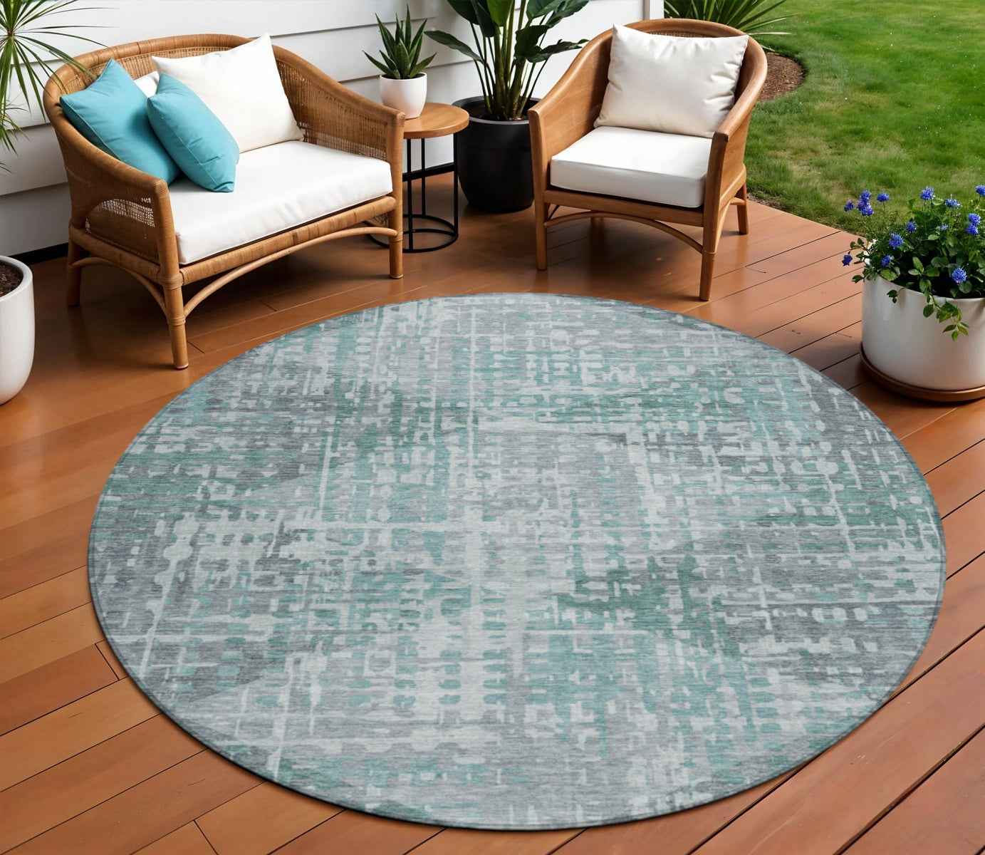 8' Teal Blue And Gray Round Geometric Washable Indoor Outdoor Area Rug