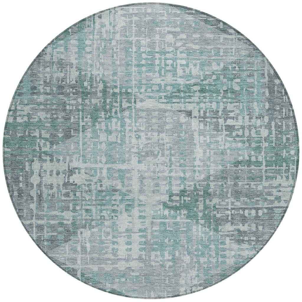 8' Teal Blue And Gray Round Geometric Washable Indoor Outdoor Area Rug