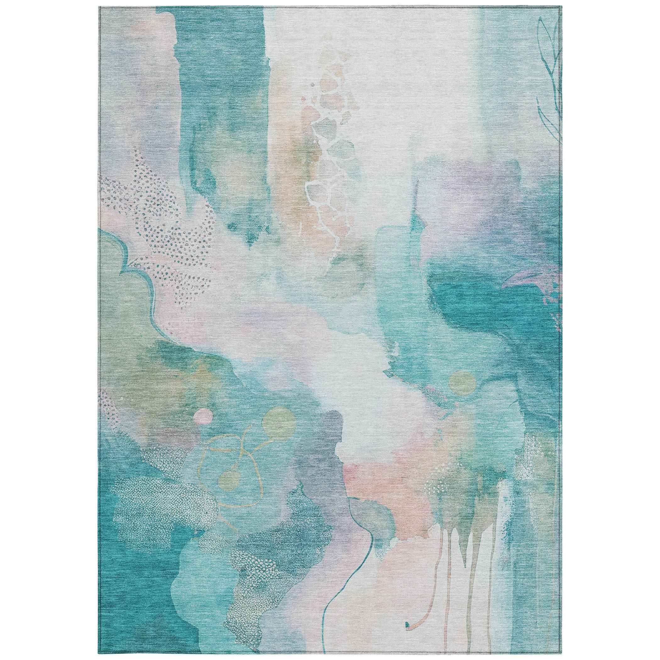 9' X 12' Turquoise Blush And Ivory Abstract Washable Indoor Outdoor Area Rug