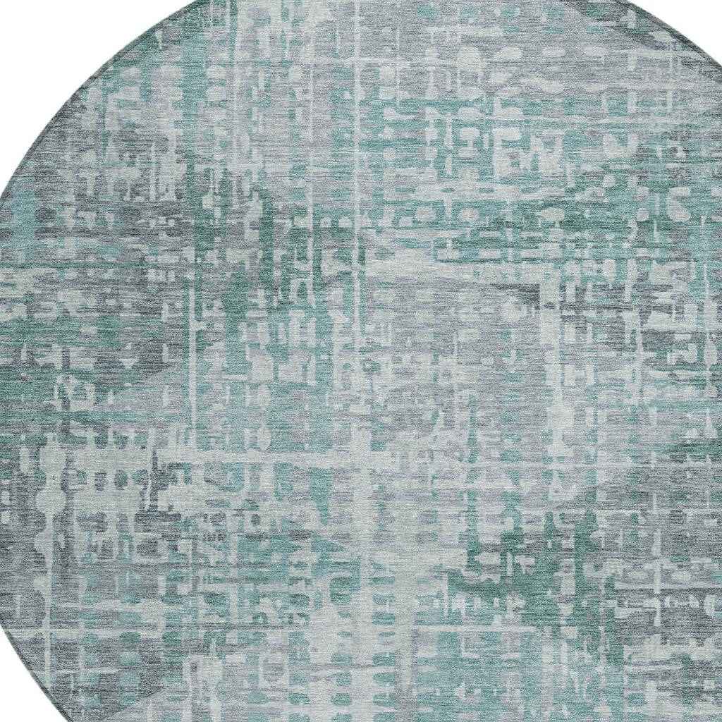 8' Teal Blue And Gray Round Geometric Washable Indoor Outdoor Area Rug