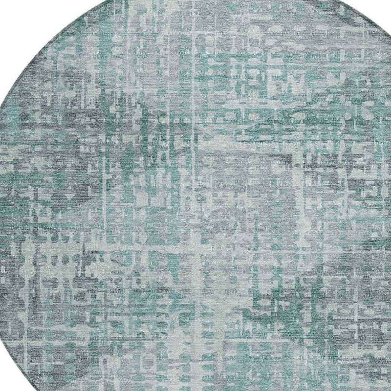 8' Teal Blue And Gray Round Geometric Washable Indoor Outdoor Area Rug