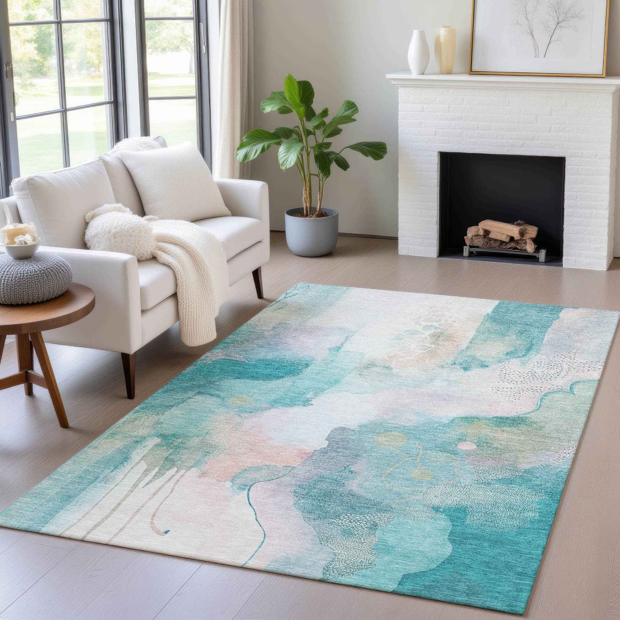9' X 12' Turquoise Blush And Ivory Abstract Washable Indoor Outdoor Area Rug