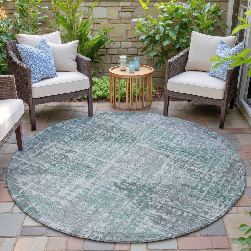 8' Teal Blue And Gray Round Geometric Washable Indoor Outdoor Area Rug