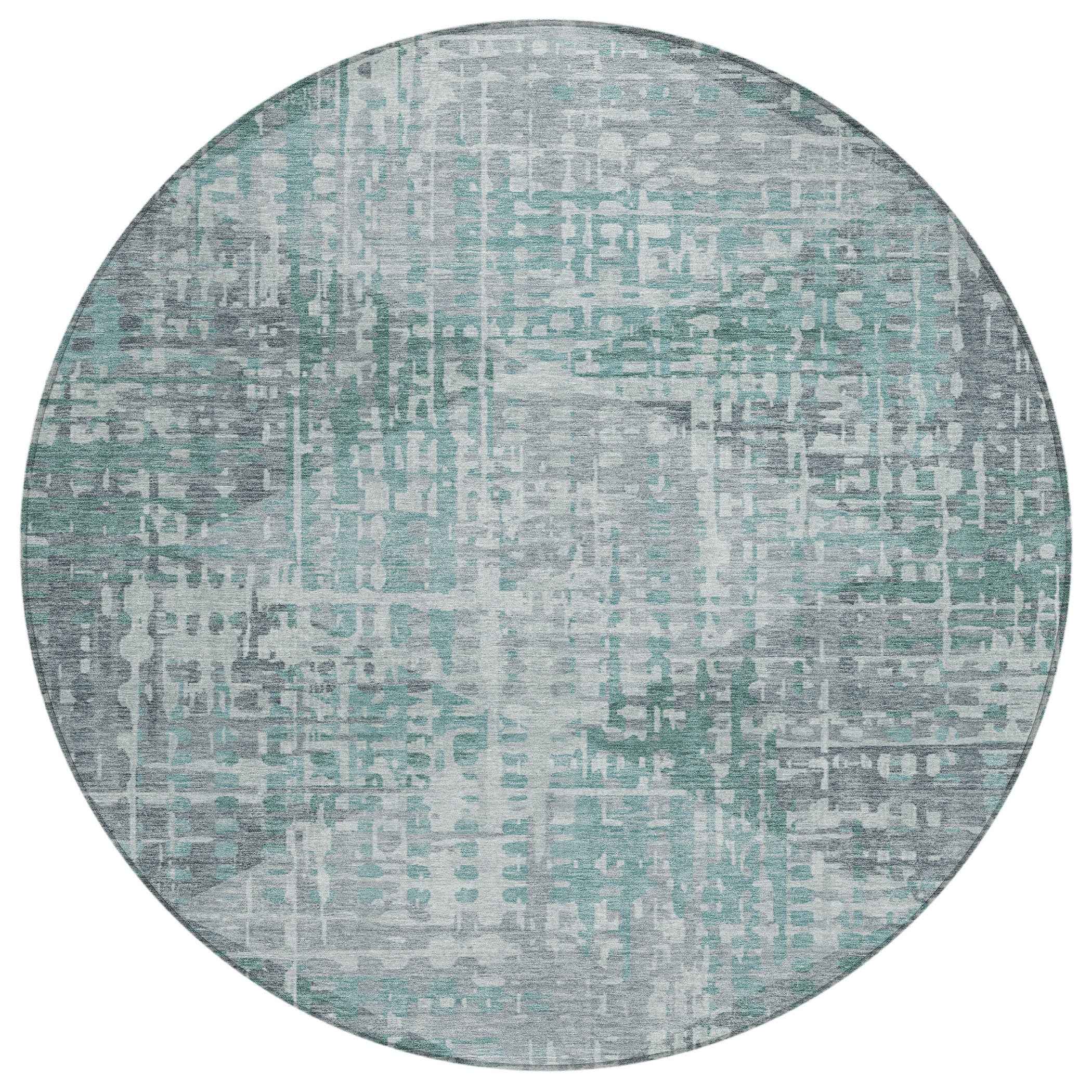 8' Teal Blue And Gray Round Geometric Washable Indoor Outdoor Area Rug