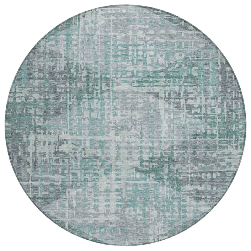 8' Teal Blue And Gray Round Geometric Washable Indoor Outdoor Area Rug