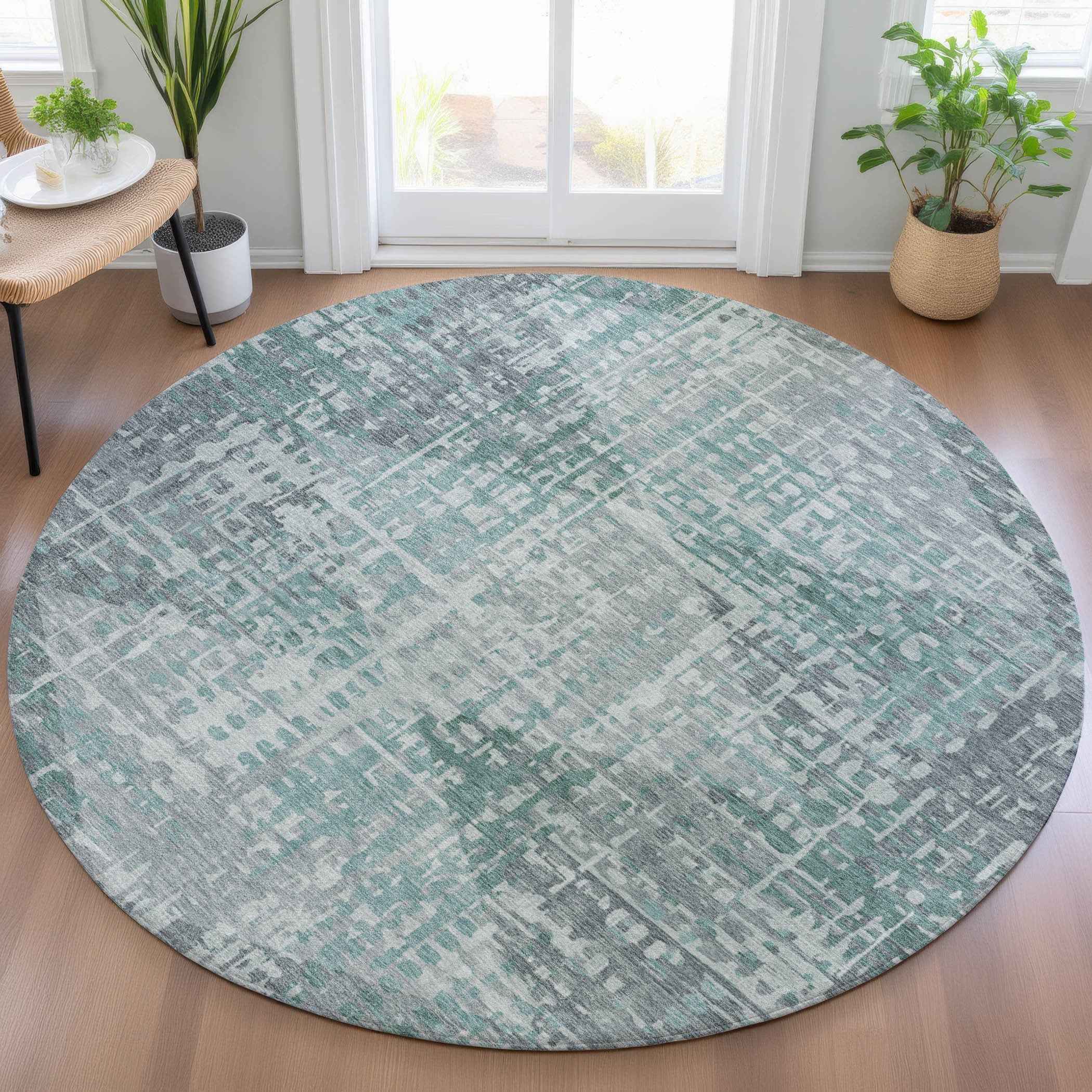 8' Teal Blue And Gray Round Geometric Washable Indoor Outdoor Area Rug
