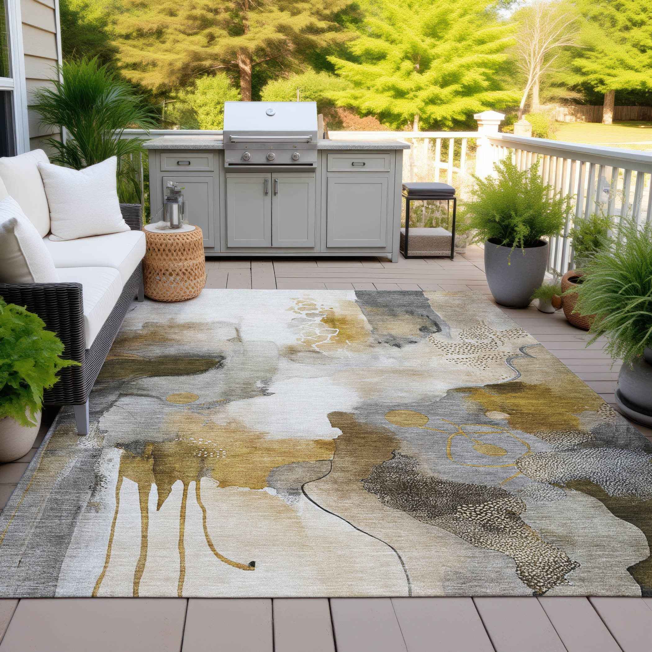 5' X 8' Brown Charcoal And Ivory Abstract Washable Indoor Outdoor Area Rug