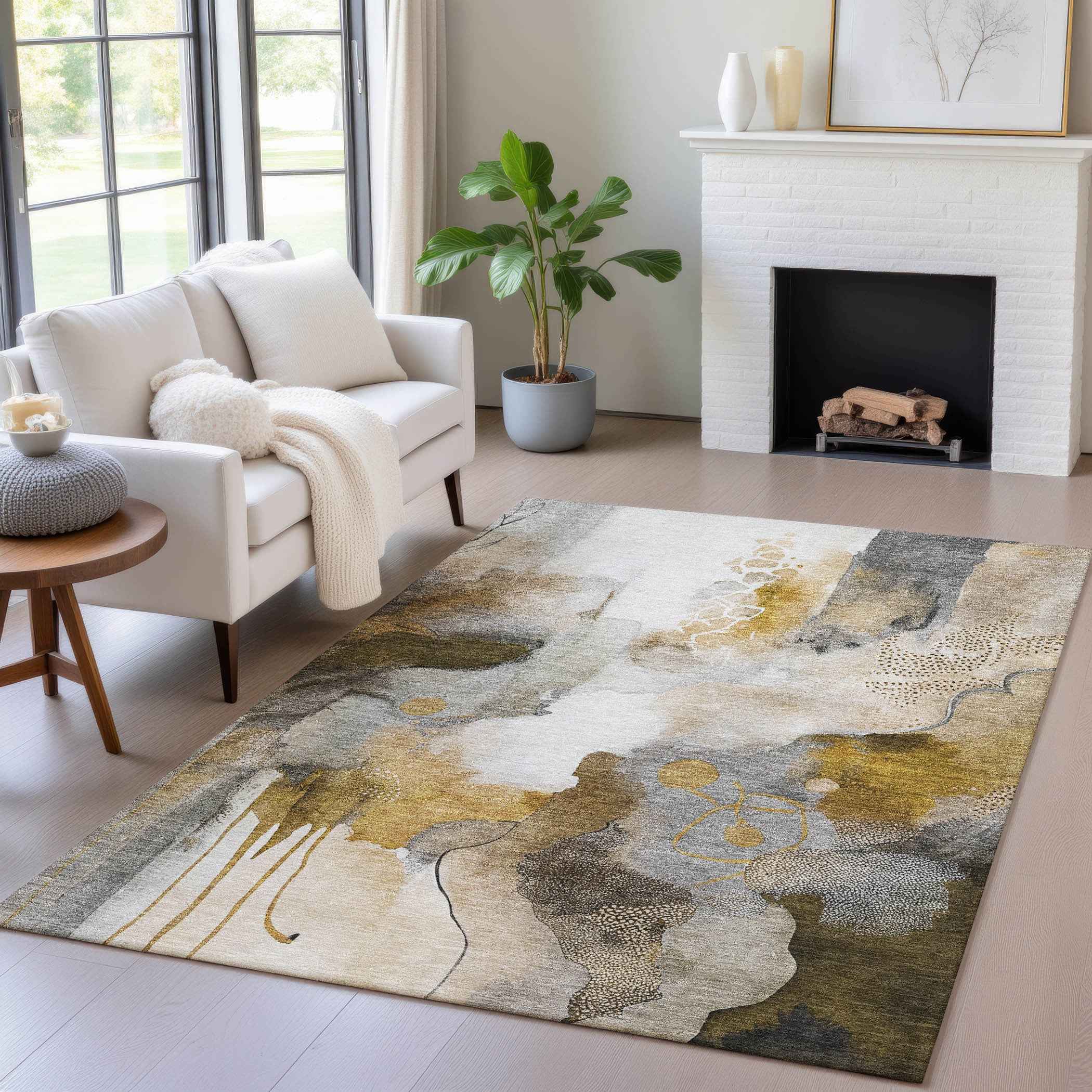 5' X 8' Brown Charcoal And Ivory Abstract Washable Indoor Outdoor Area Rug