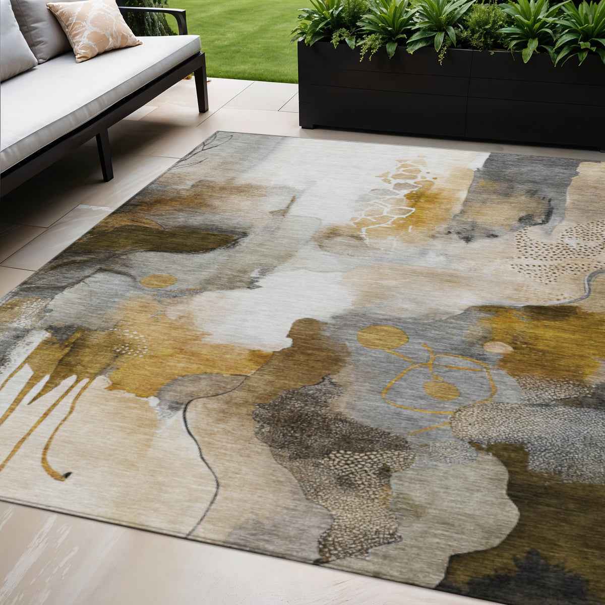 5' X 8' Brown Charcoal And Ivory Abstract Washable Indoor Outdoor Area Rug