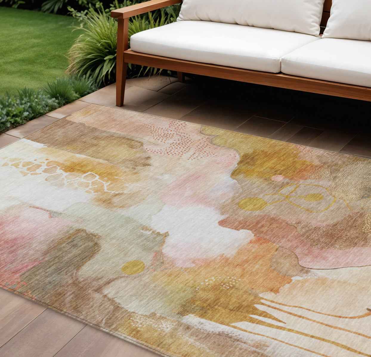 8' X 10' Mauve Copper And Ivory Abstract Washable Indoor Outdoor Area Rug