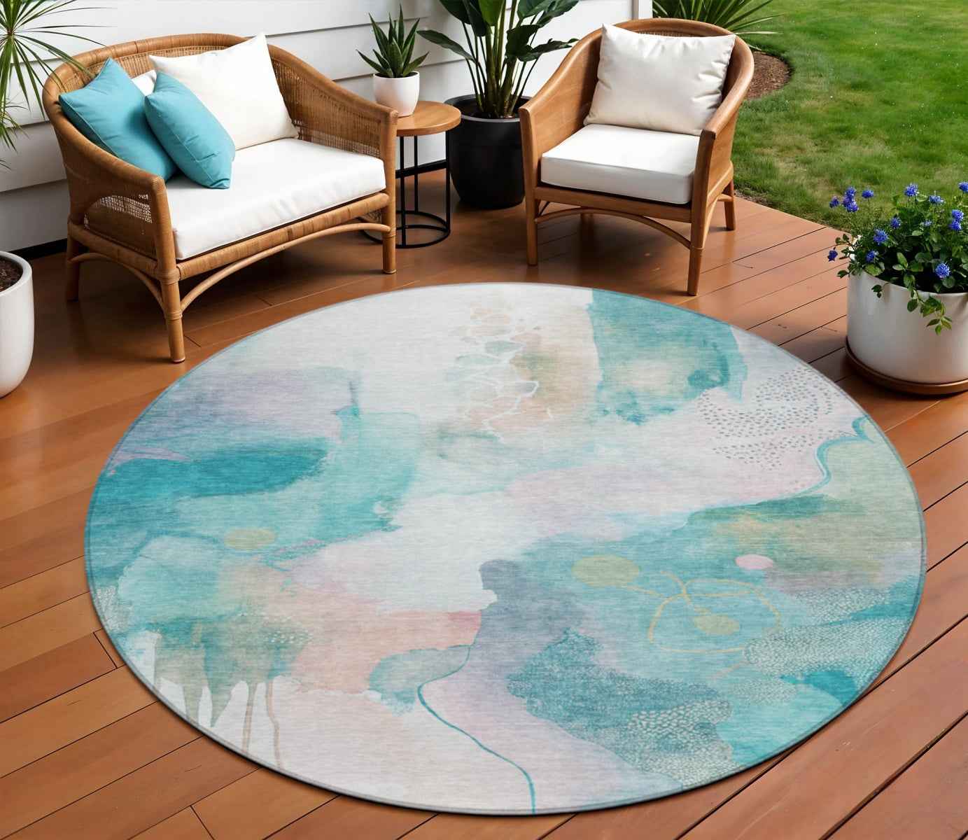 8' Turquoise Blush And Ivory Round Abstract Washable Indoor Outdoor Area Rug