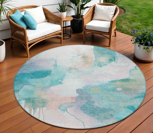 8' Turquoise Blush And Ivory Round Abstract Washable Indoor Outdoor Area Rug
