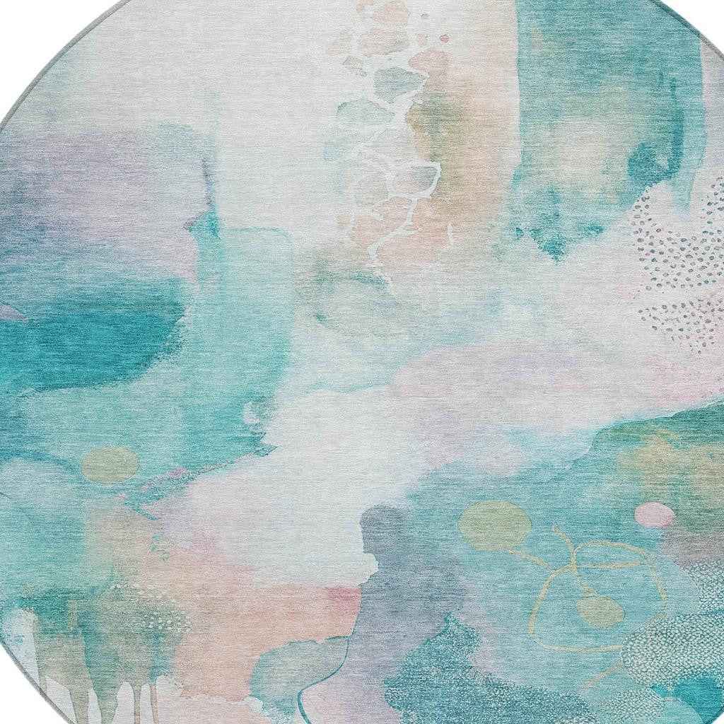 8' Turquoise Blush And Ivory Round Abstract Washable Indoor Outdoor Area Rug