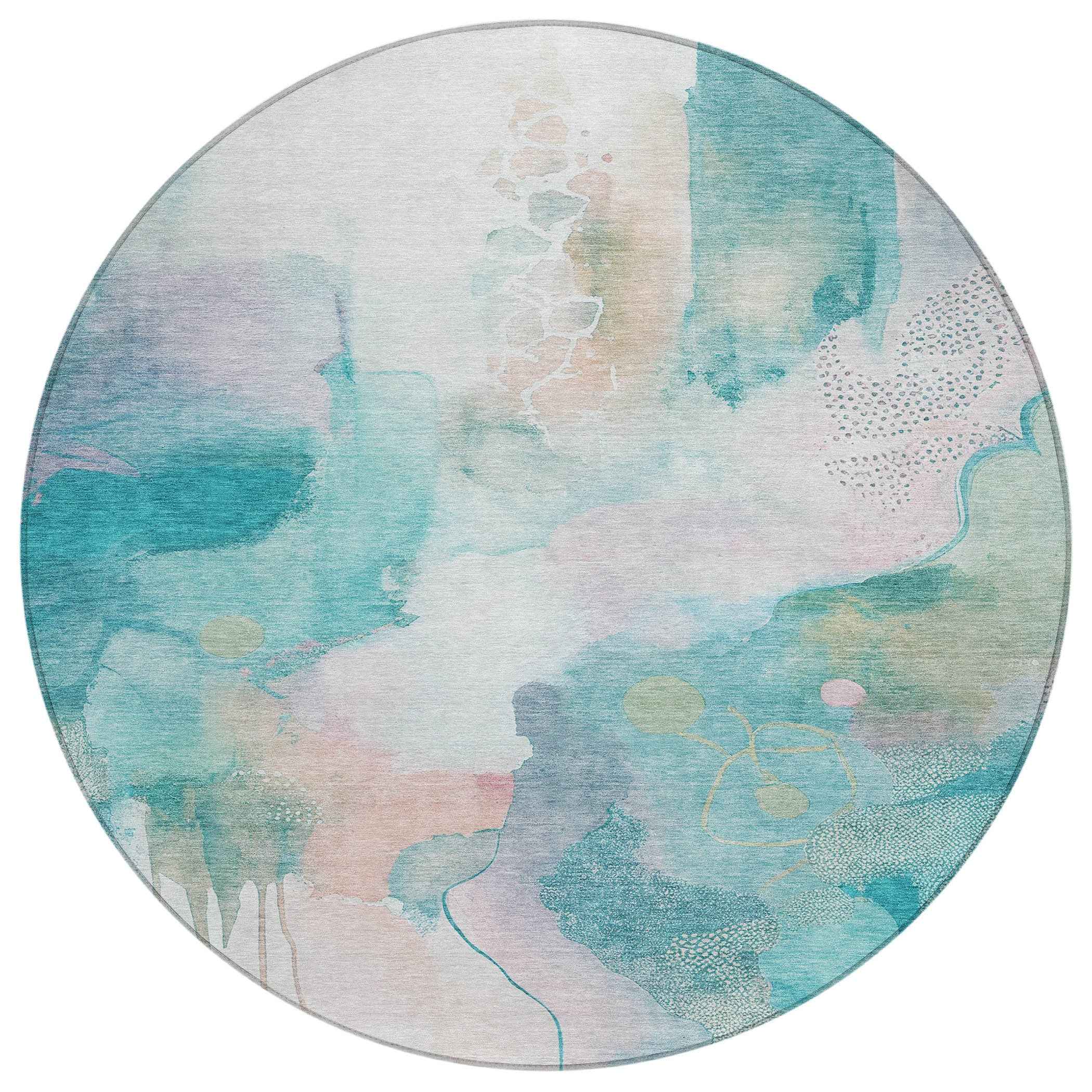 8' Turquoise Blush And Ivory Round Abstract Washable Indoor Outdoor Area Rug
