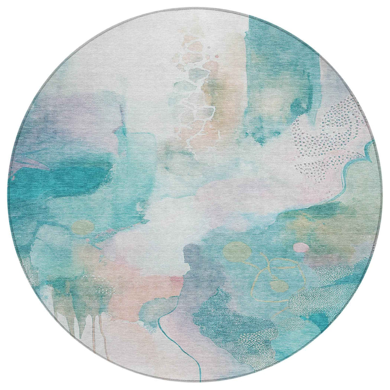 8' Turquoise Blush And Ivory Round Abstract Washable Indoor Outdoor Area Rug