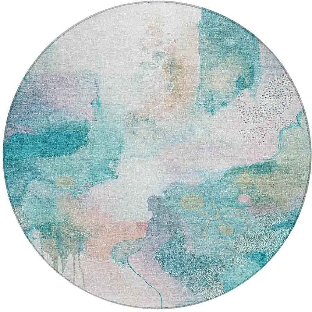 8' Turquoise Blush And Ivory Round Abstract Washable Indoor Outdoor Area Rug