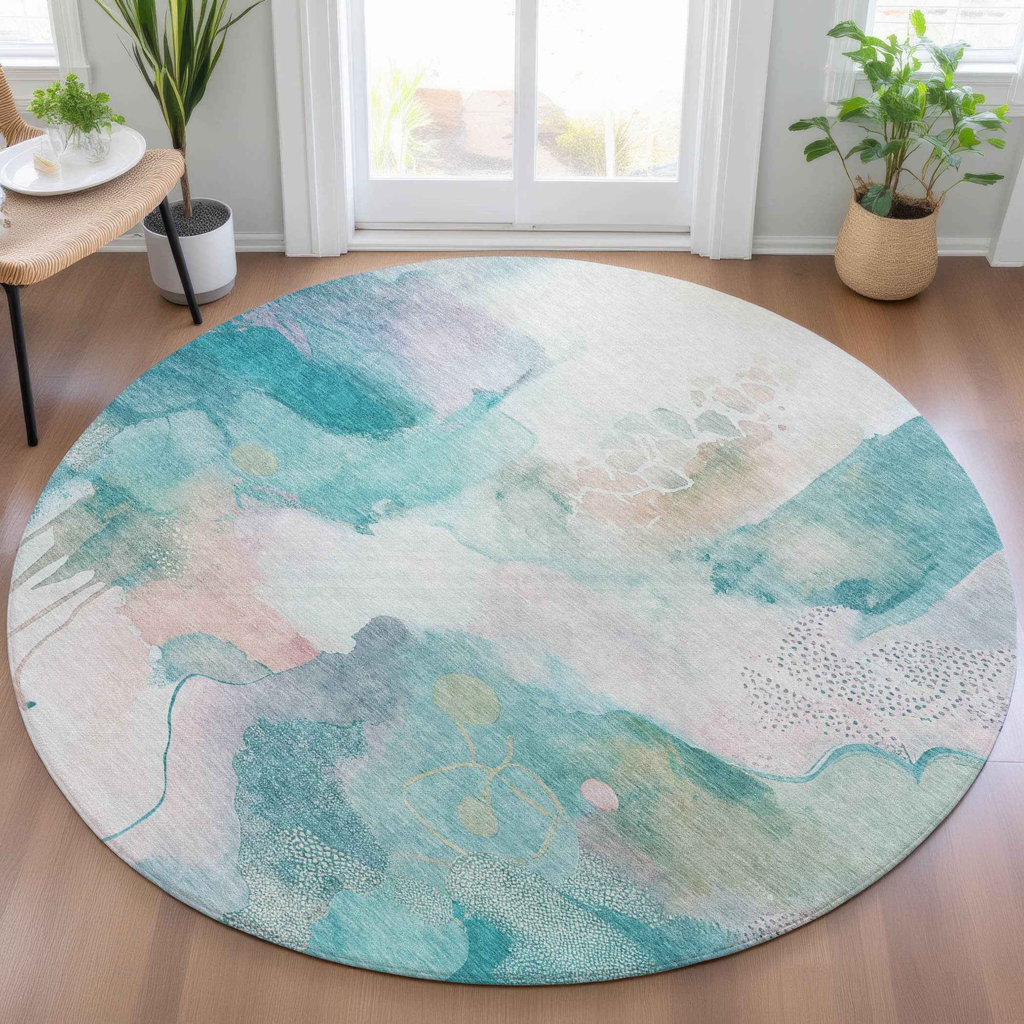 8' Turquoise Blush And Ivory Round Abstract Washable Indoor Outdoor Area Rug
