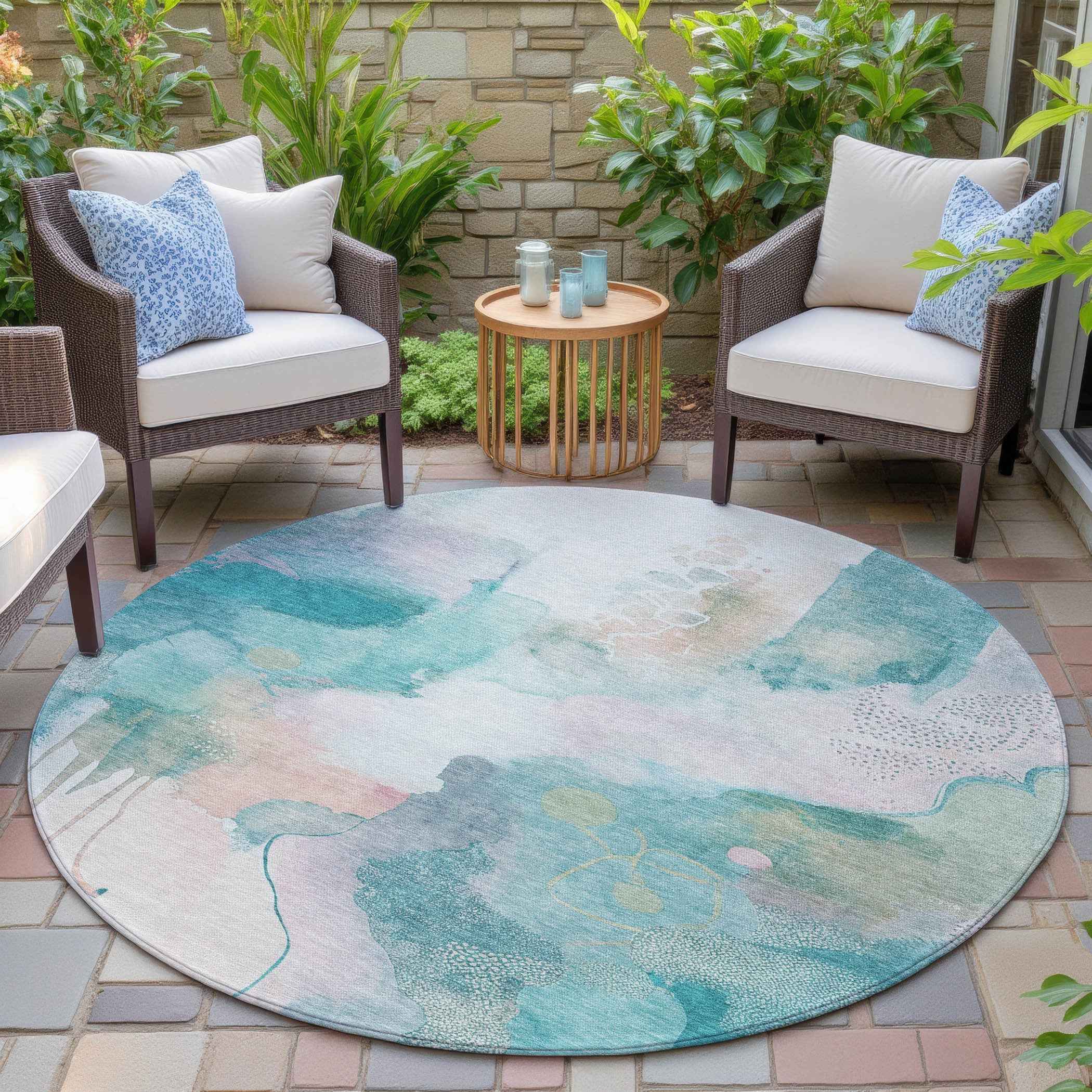 8' Turquoise Blush And Ivory Round Abstract Washable Indoor Outdoor Area Rug